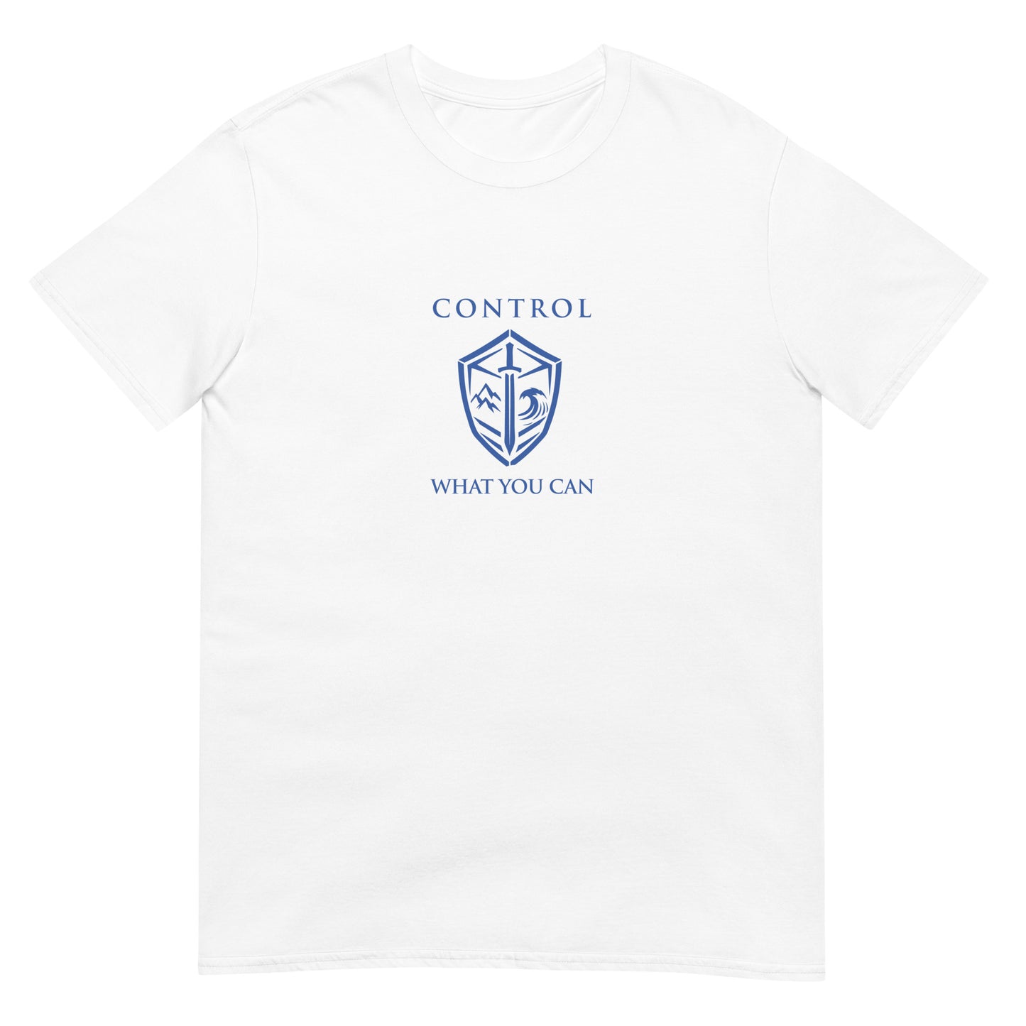 White Control What You Can Stoic philosophy t-shirt featuring a minimalist shield emblem with structured serif typography in a clean symmetrical design.