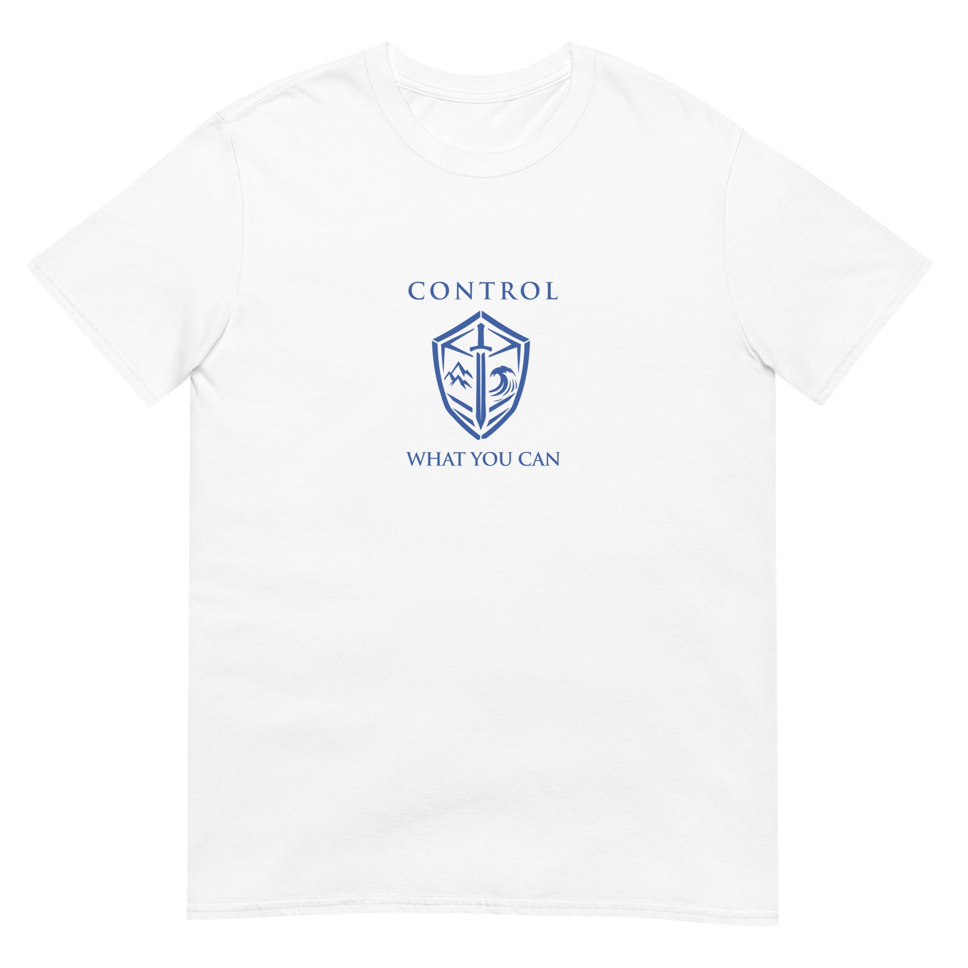 White Control What You Can Stoic philosophy t-shirt featuring a minimalist shield emblem with structured serif typography in a clean symmetrical design.
