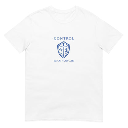 White Control What You Can Stoic philosophy t-shirt featuring a minimalist shield emblem with structured serif typography in a clean symmetrical design.