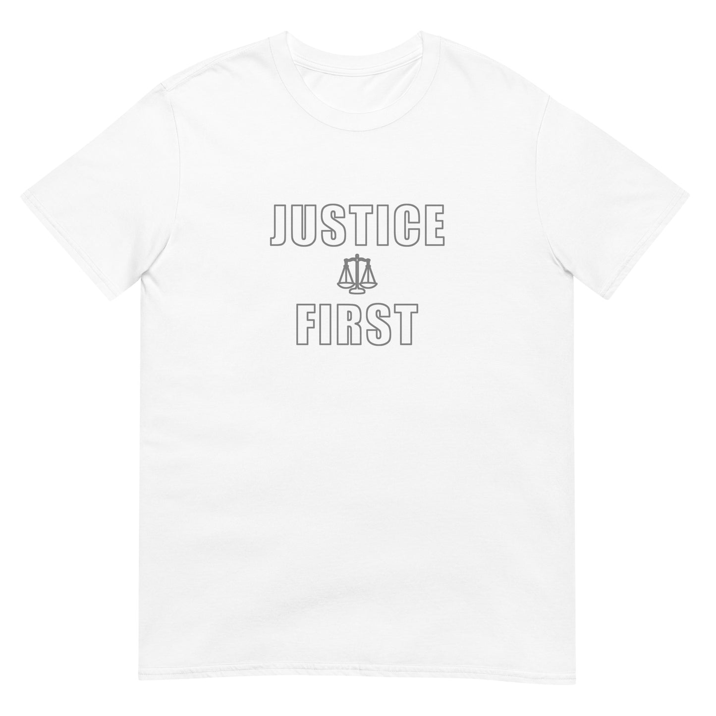 White t-shirt with text outlined block letters "Justice First" with a line drawing of the scales of justice between the words in silver ink.