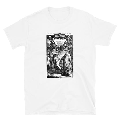 White t-shirt showing a historic engraving featuring Marcus Aurelius and Julian the Apostate
