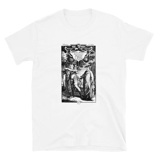 White t-shirt showing a historic engraving featuring Marcus Aurelius and Julian the Apostate