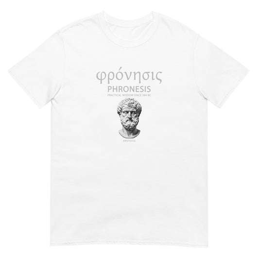 White Phronesis T-shirt with an Aristotle portrait, Greek lettering, and “Practical Wisdom Since 384 BC” text, front view.