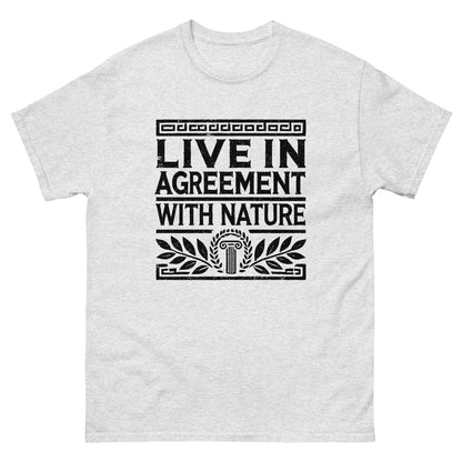 Ash unisex classic t-shirt featuring the quote ‘Live in Agreement with Nature’ inspired by Zeno of Citium and Stoic philosophy.