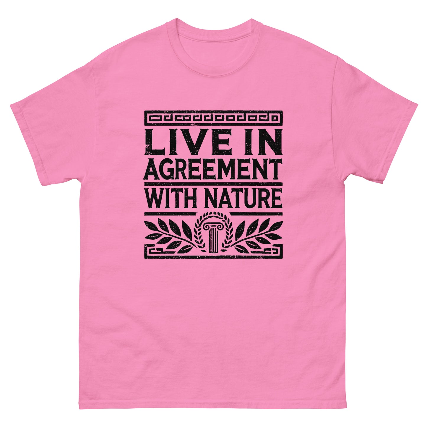 Azalea unisex classic t-shirt featuring the quote ‘Live in Agreement with Nature’ inspired by Zeno of Citium and Stoic philosophy.