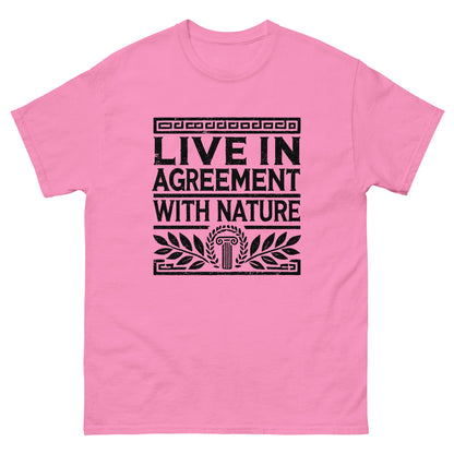 Azalea unisex classic t-shirt featuring the quote ‘Live in Agreement with Nature’ inspired by Zeno of Citium and Stoic philosophy.