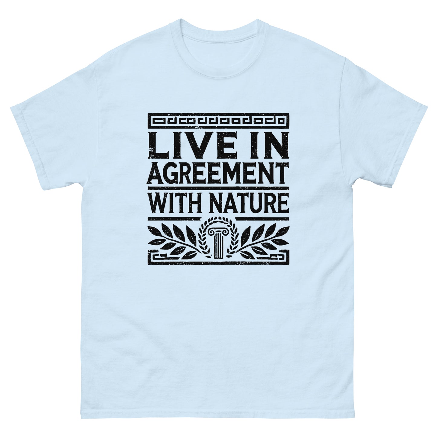 Light blue unisex classic t-shirt featuring the quote ‘Live in Agreement with Nature’ inspired by Zeno of Citium and Stoic philosophy.