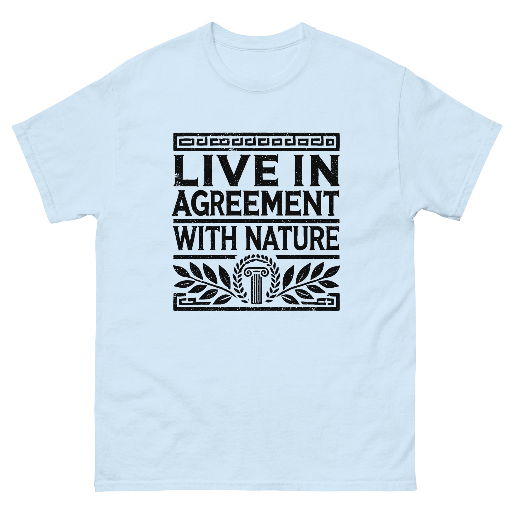 Light blue unisex classic t-shirt featuring the quote ‘Live in Agreement with Nature’ inspired by Zeno of Citium and Stoic philosophy.