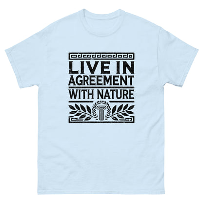 Light blue unisex classic t-shirt featuring the quote ‘Live in Agreement with Nature’ inspired by Zeno of Citium and Stoic philosophy.