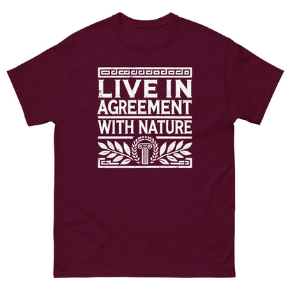 Maroon unisex classic t-shirt featuring the quote ‘Live in Agreement with Nature’ inspired by Zeno of Citium and Stoic philosophy.