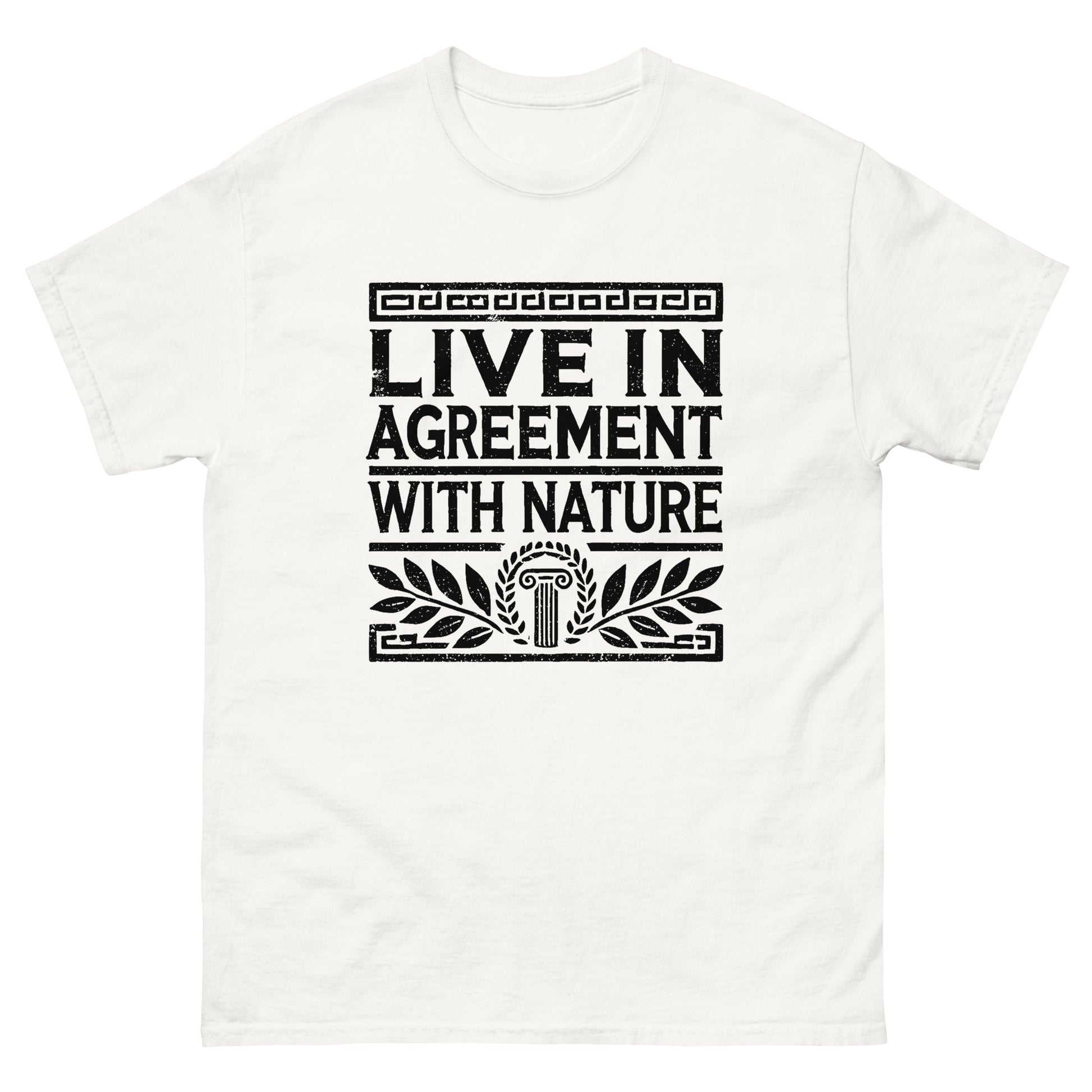 White unisex classic t-shirt featuring the quote ‘Live in Agreement with Nature’ inspired by Zeno of Citium and Stoic philosophy.