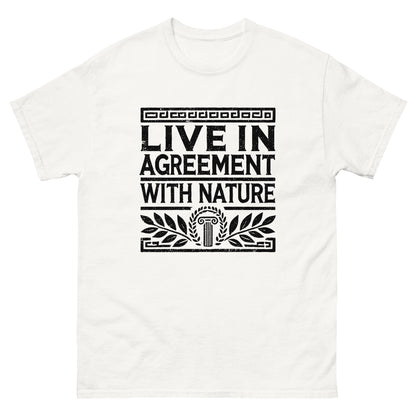 White unisex classic t-shirt featuring the quote ‘Live in Agreement with Nature’ inspired by Zeno of Citium and Stoic philosophy.