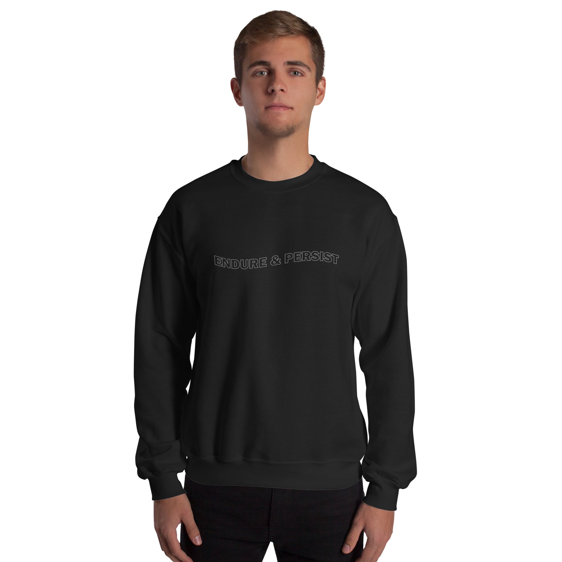 Black Unisex sweatshirt with text-only design reading ‘ENDURE & PERSIST’ in all caps, wavy outline font, inspirational and motivational message, soft cozy sweatshirt