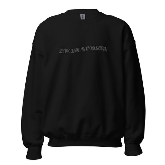 Black sweatshirt with text "Endure and Persist"