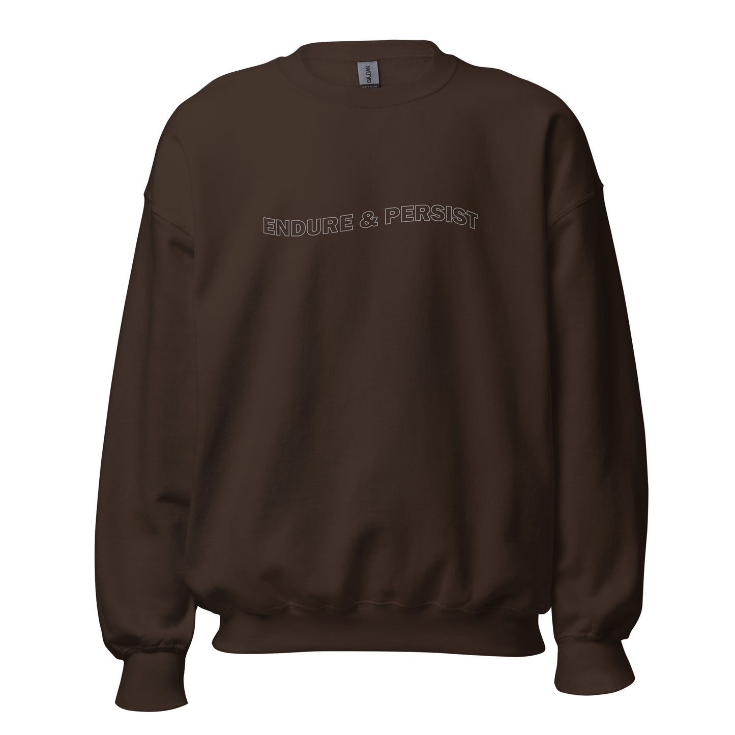 Dark Chocolate crew neck sweatshirt with text "ENDURE & PERSIST"
