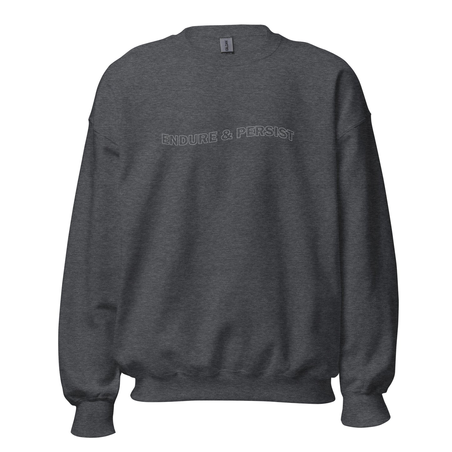 Dark Heather crew neck sweatshirt with text "ENDURE & PERSIST"