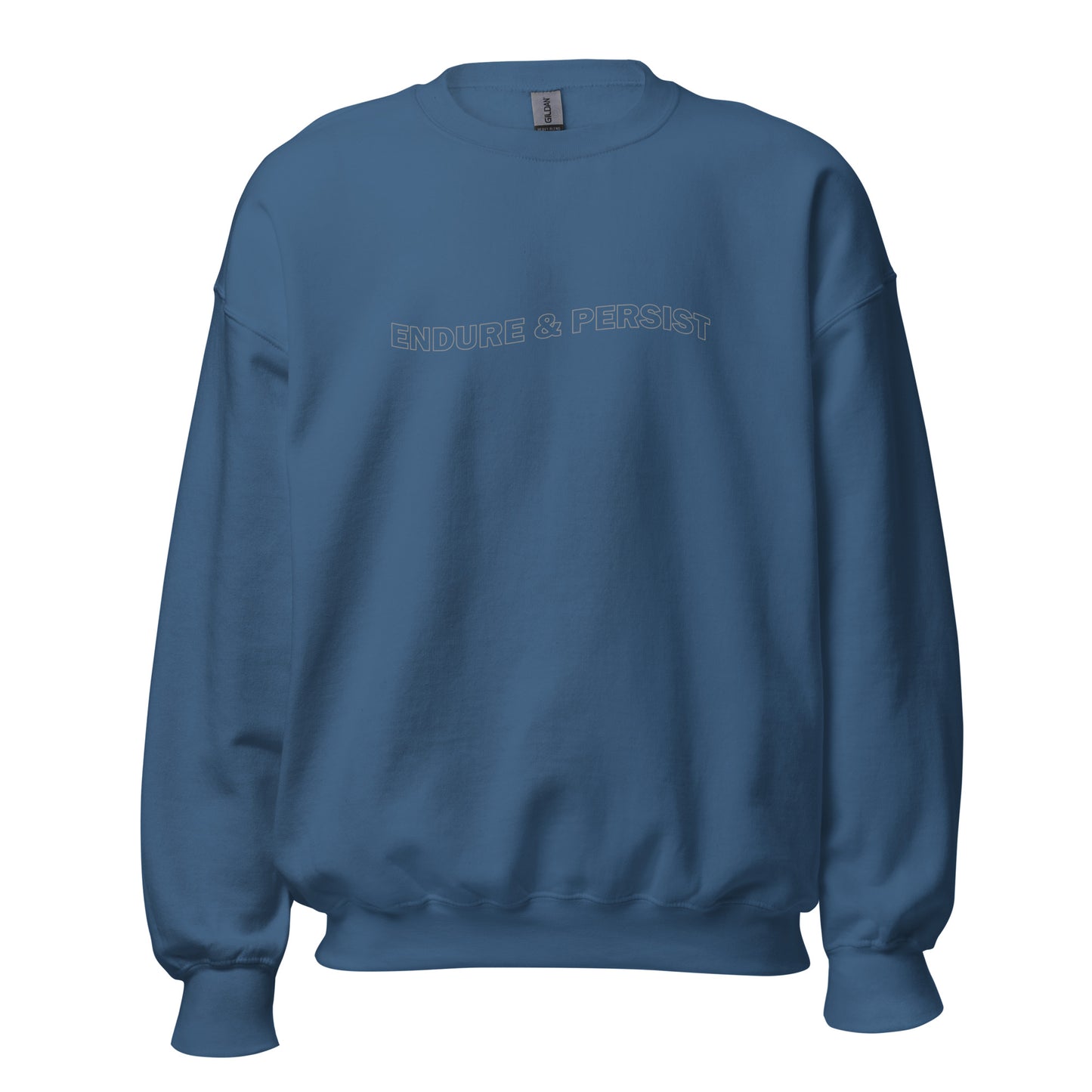 Indigo blue crew neck sweatshirt with text "ENDURE & PERSIST"