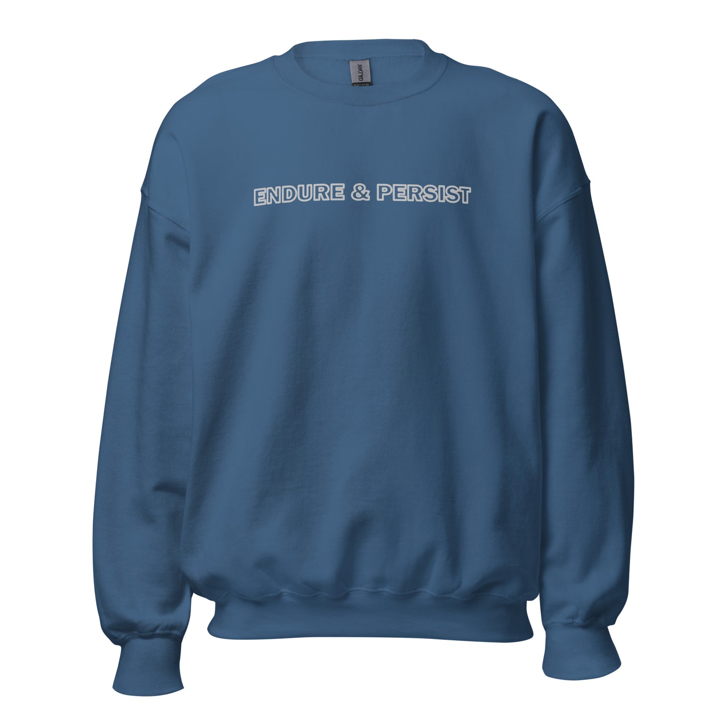 Indigo blue sweatshirt with text "Endure and Persist"