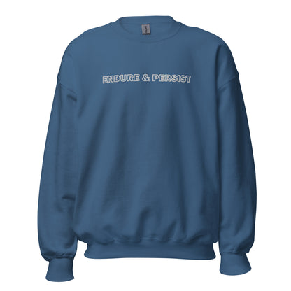 Indigo blue sweatshirt with text "Endure and Persist"