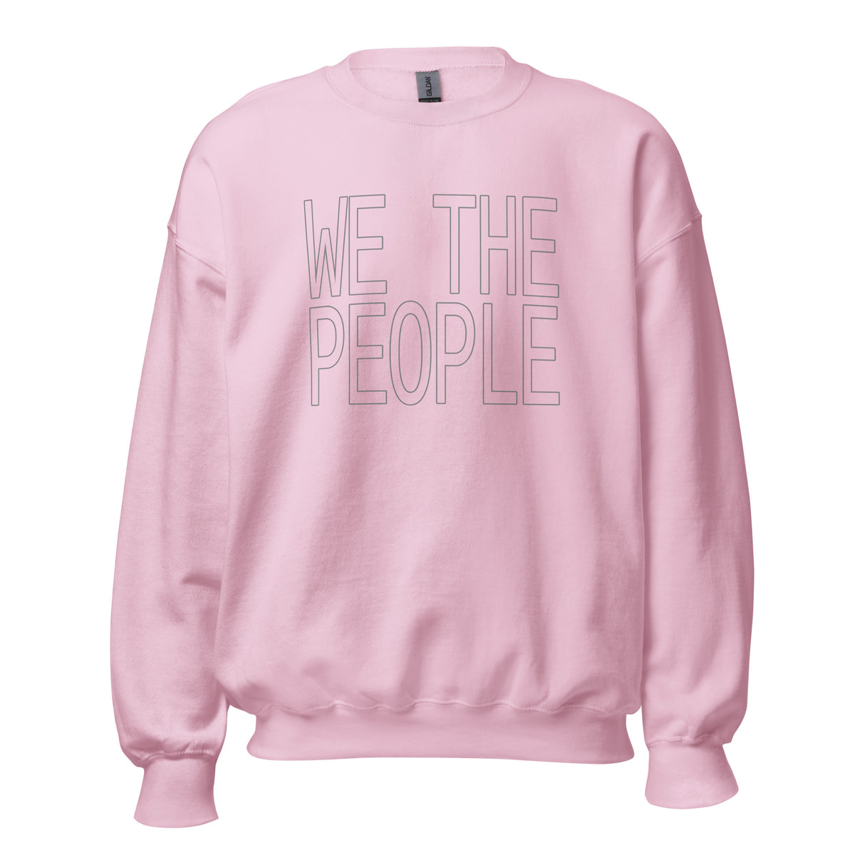 Light pink sweatshirt with outlines block letters  WE THE PEOPLE