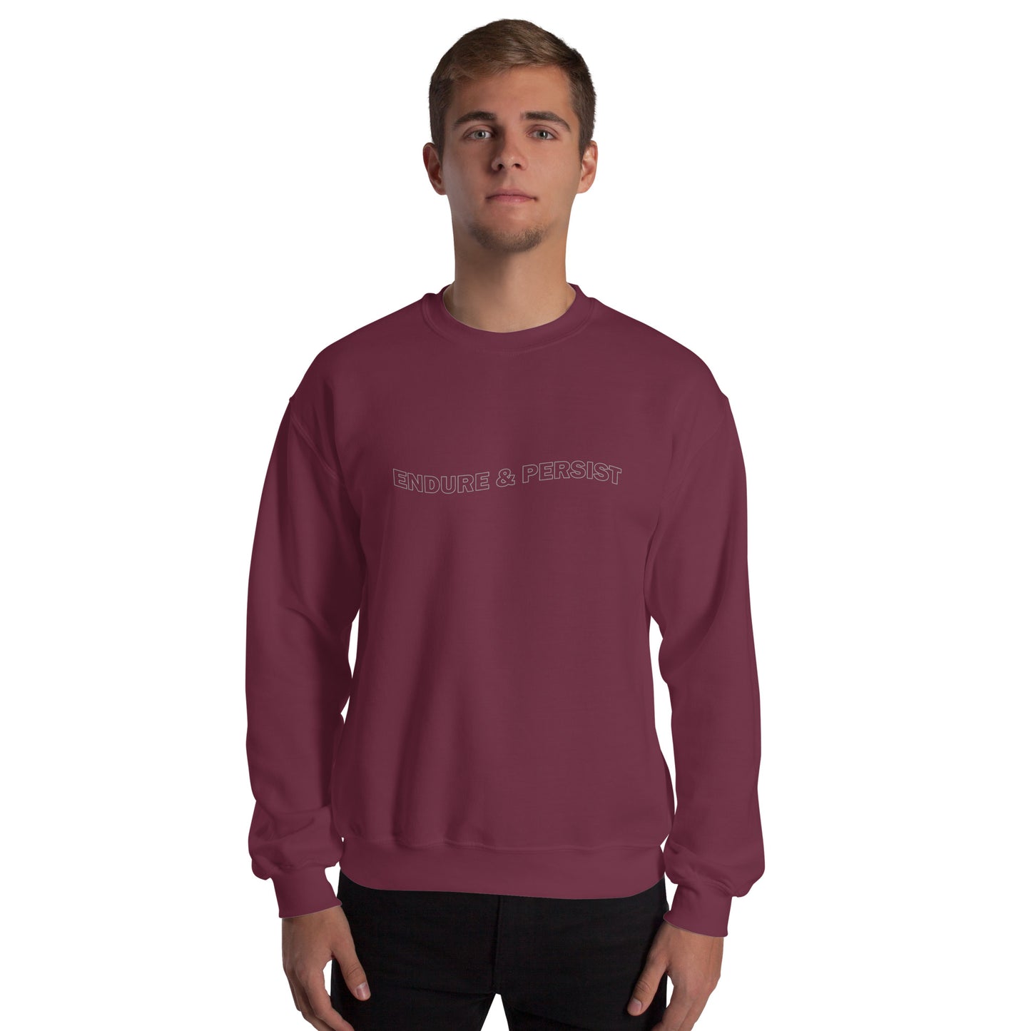 Maroon unisex sweatshirt with text-only design reading ‘ENDURE & PERSIST’ in all caps, wavy outline font, inspirational and motivational message, soft cozy sweatshirt