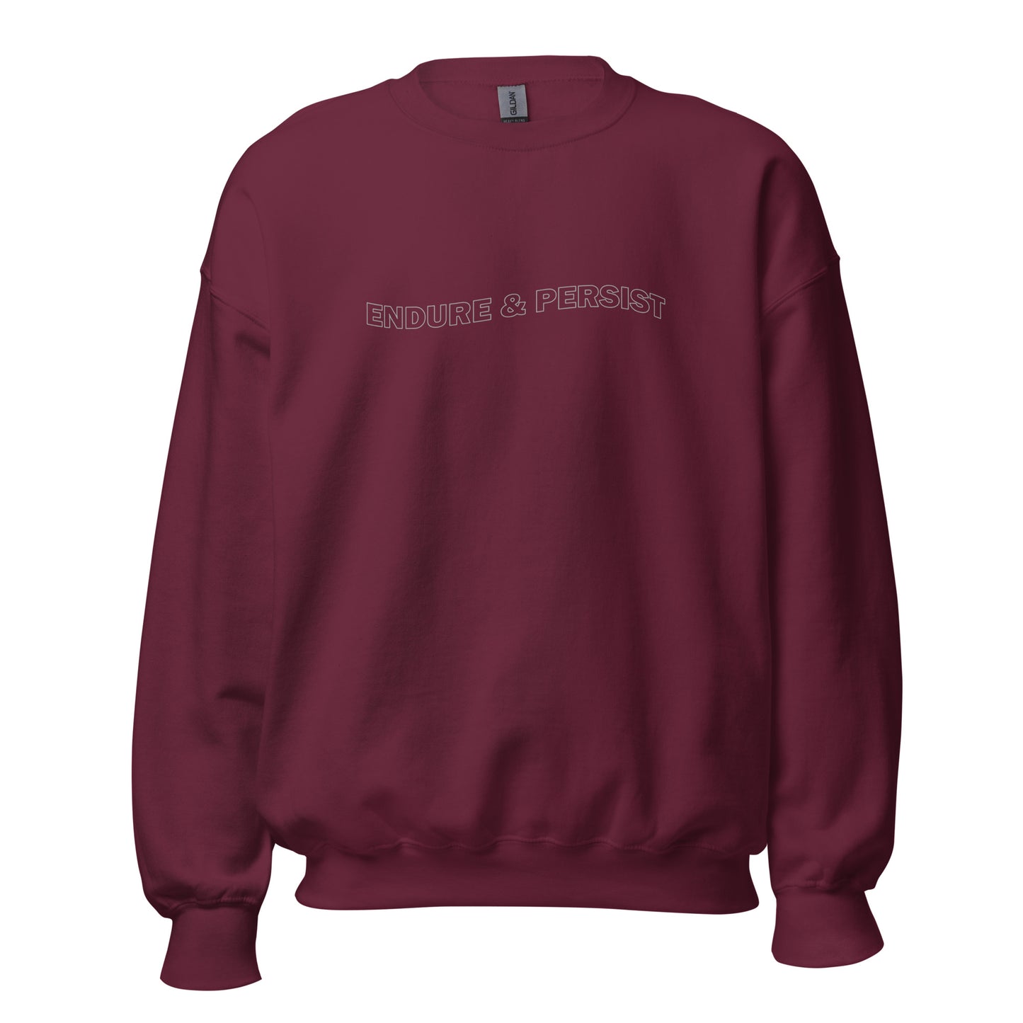 Maroon crew neck sweatshirt with text "ENDURE & PERSIST"
