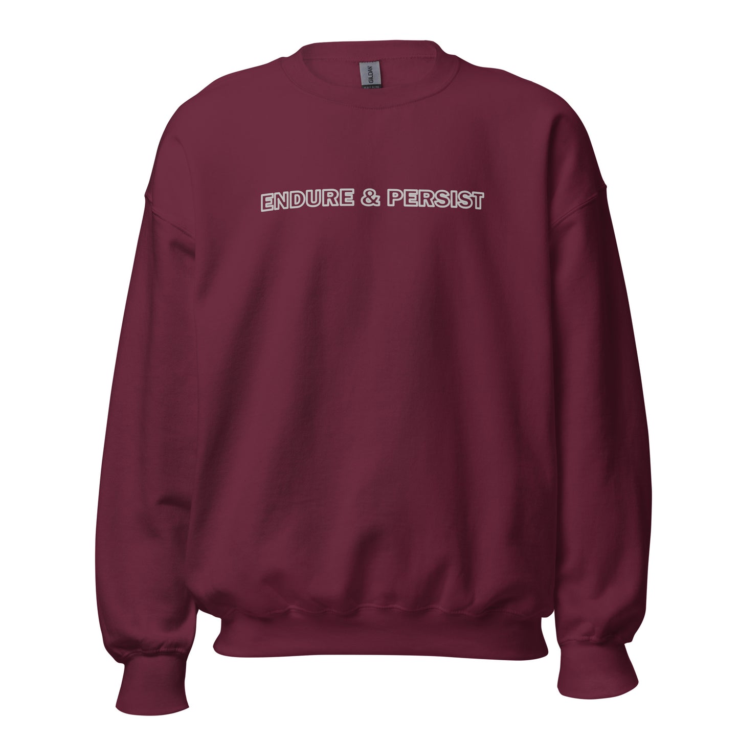 Maroon sweatshirt with text "Endure and Persist"