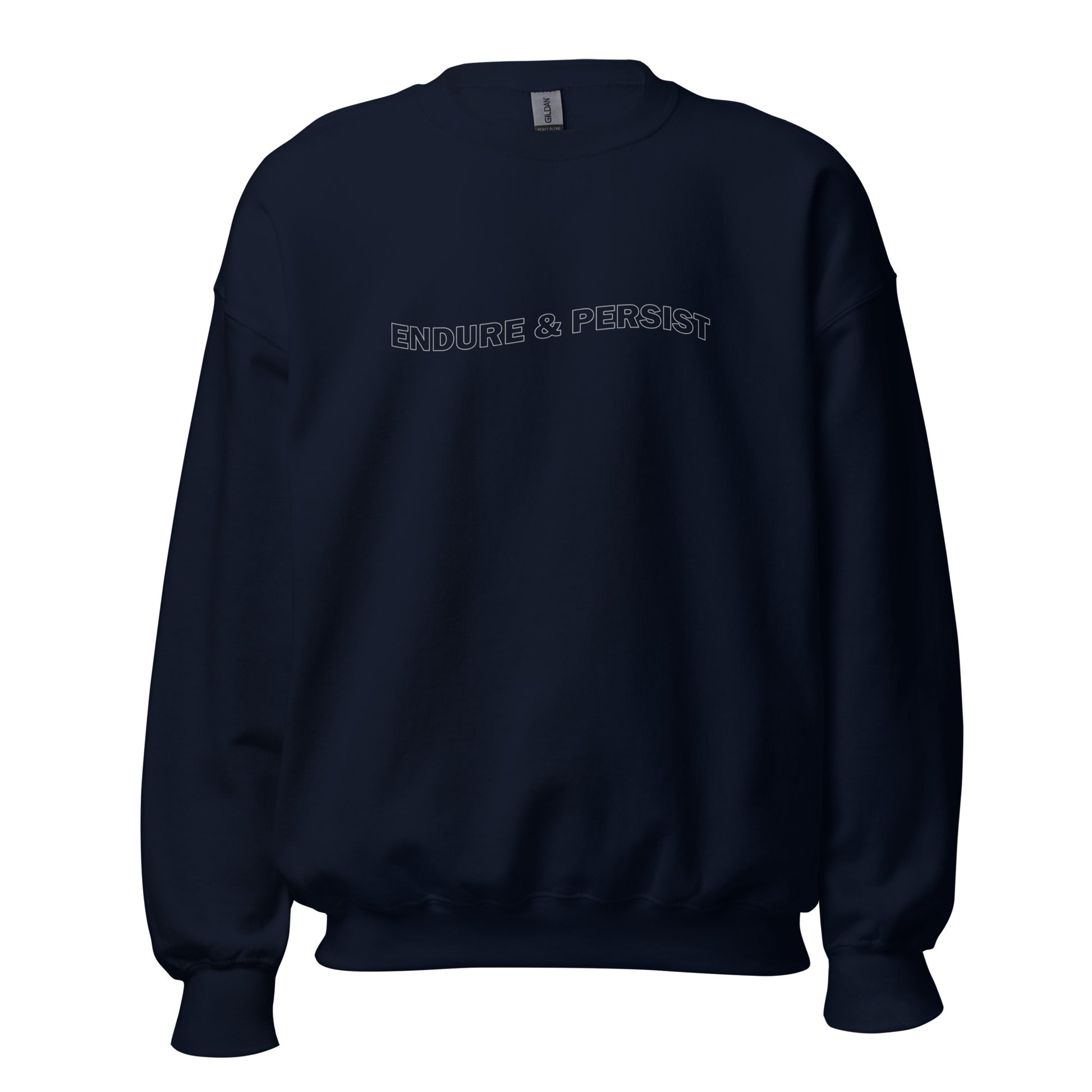 Navy blue crew neck sweatshirt with text "ENDURE & PERSIST"