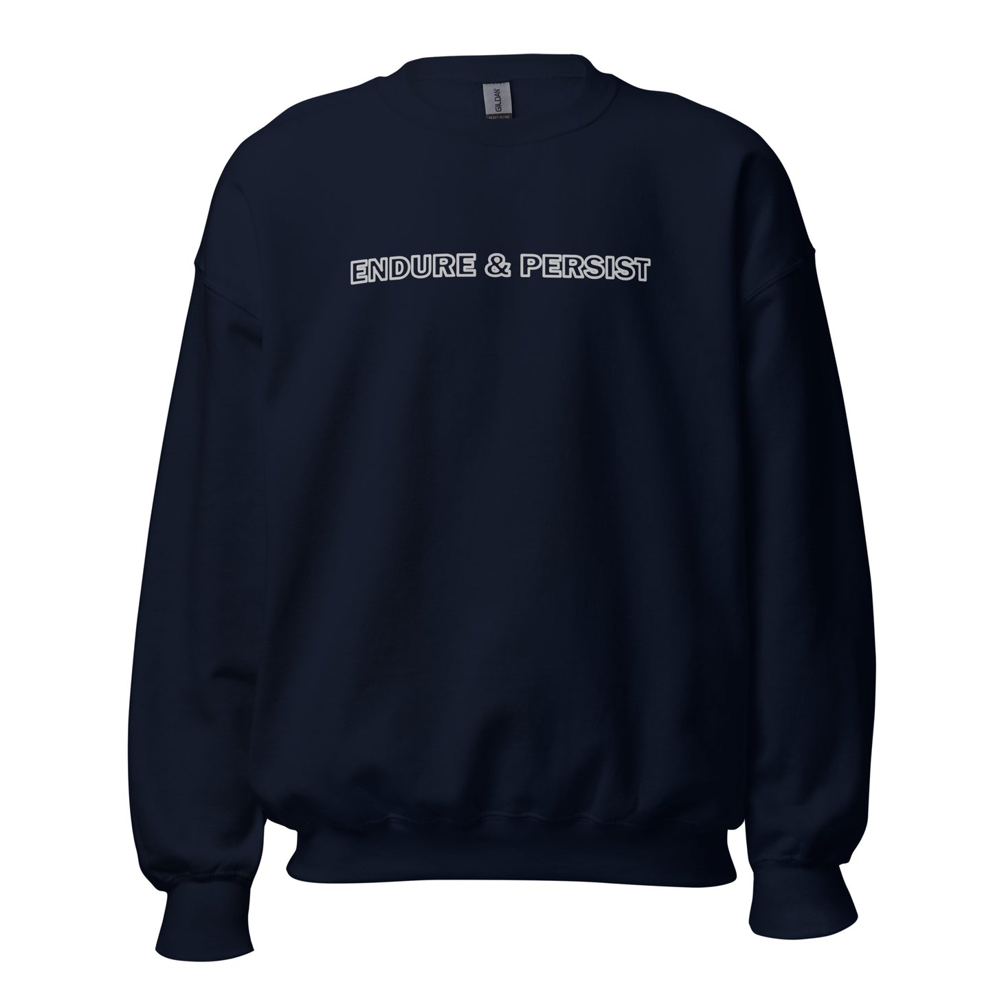 Navy blue sweatshirt with text "Endure and Persist"
