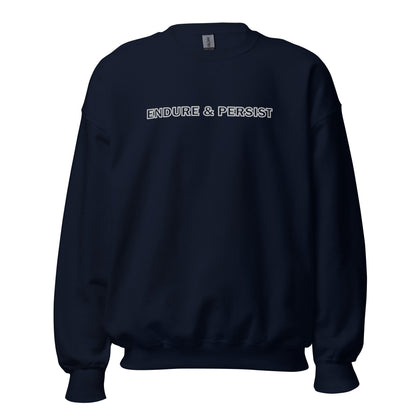 Navy blue sweatshirt with text "Endure and Persist"