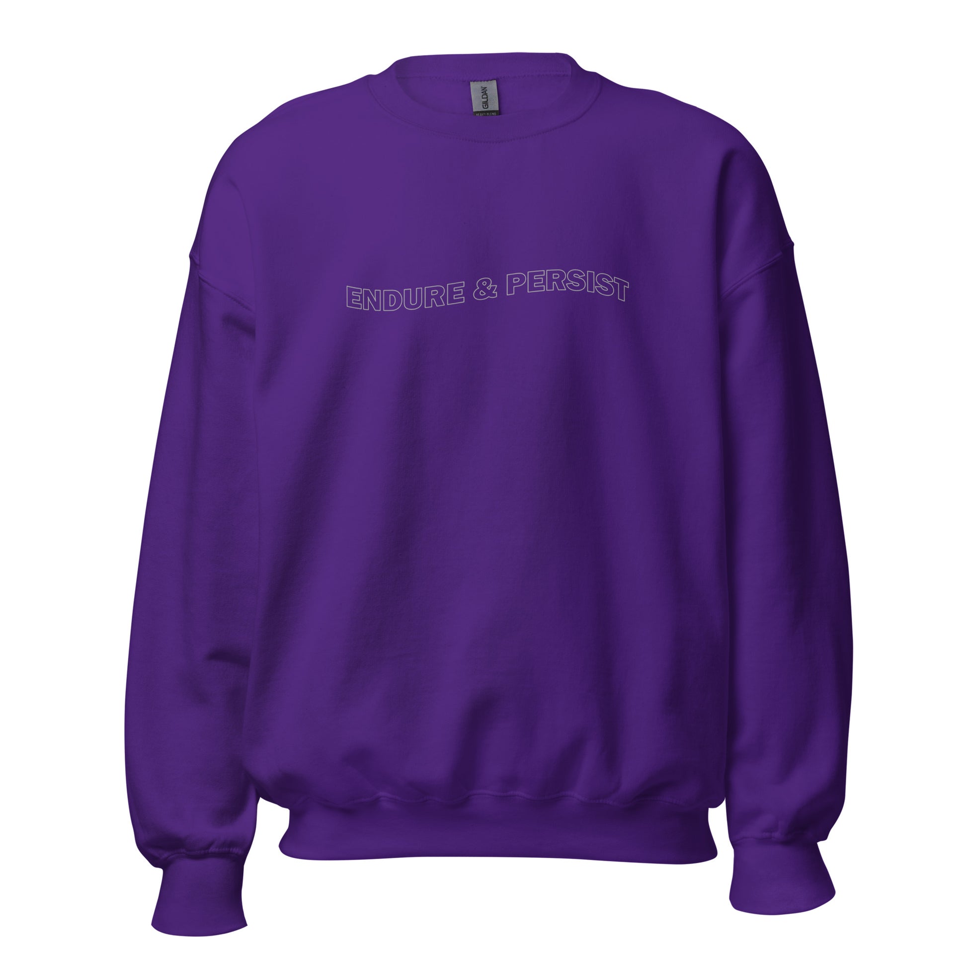 Purple  crew neck sweatshirt with text "ENDURE & PERSIST"