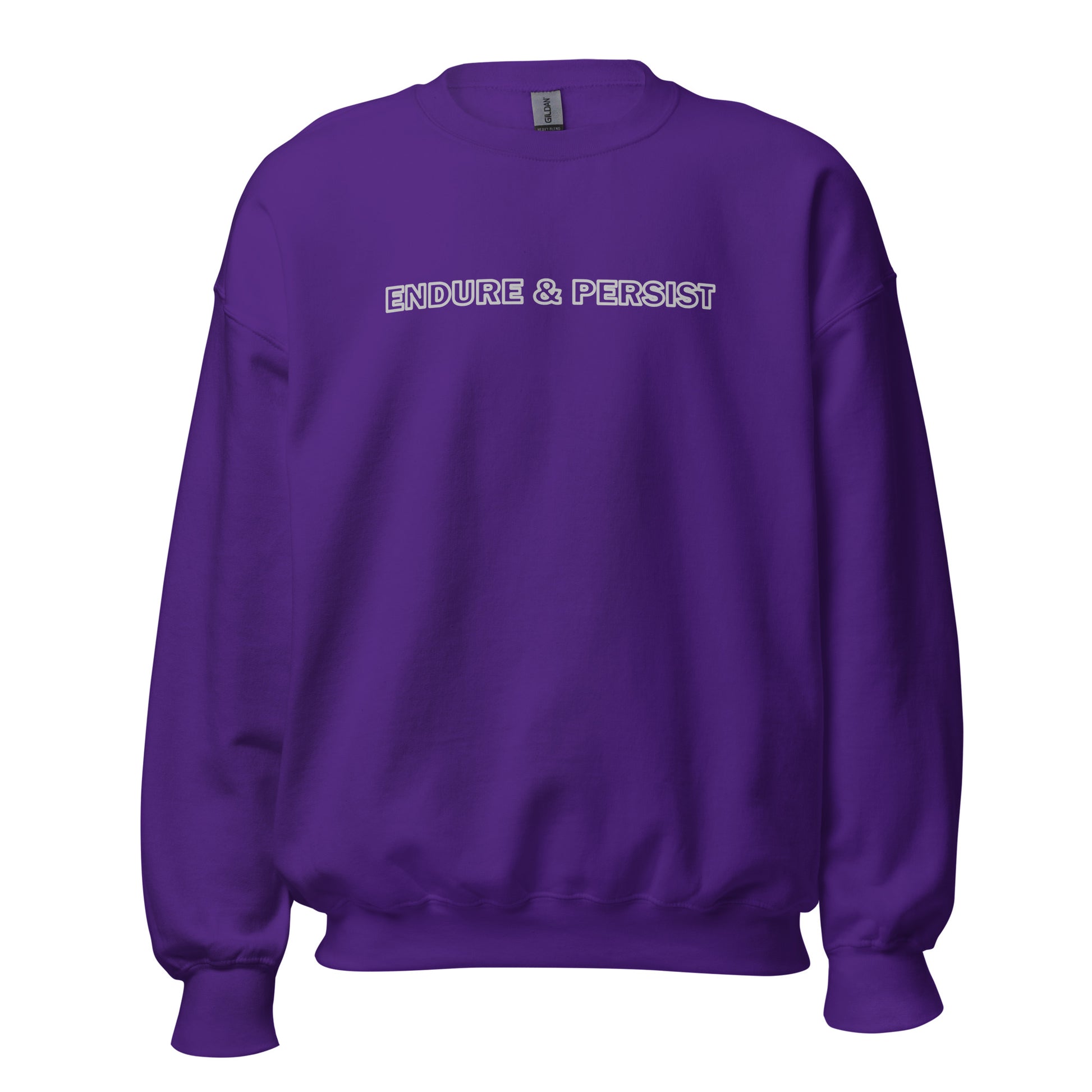 Purple sweatshirt with text "Endure and Persist"