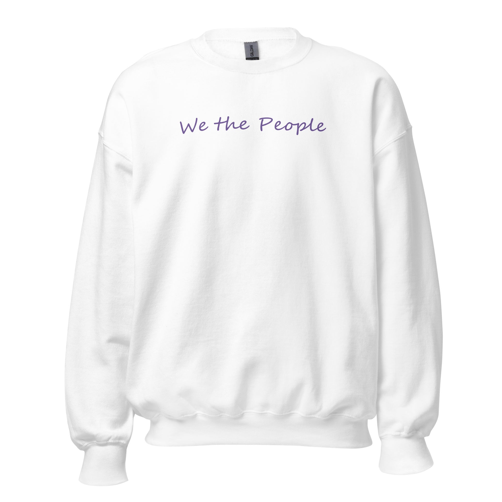 White unisex crew neck sweatshirt with the words "We the People" in a script font using purple ink.