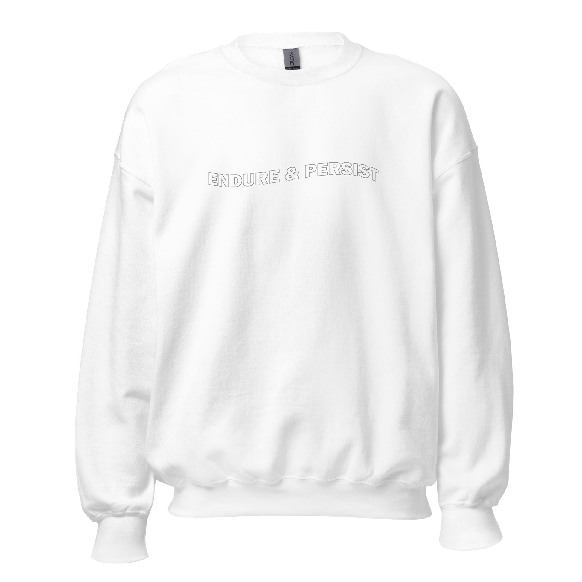 White crew neck sweatshirt with text "ENDURE & PERSIST"