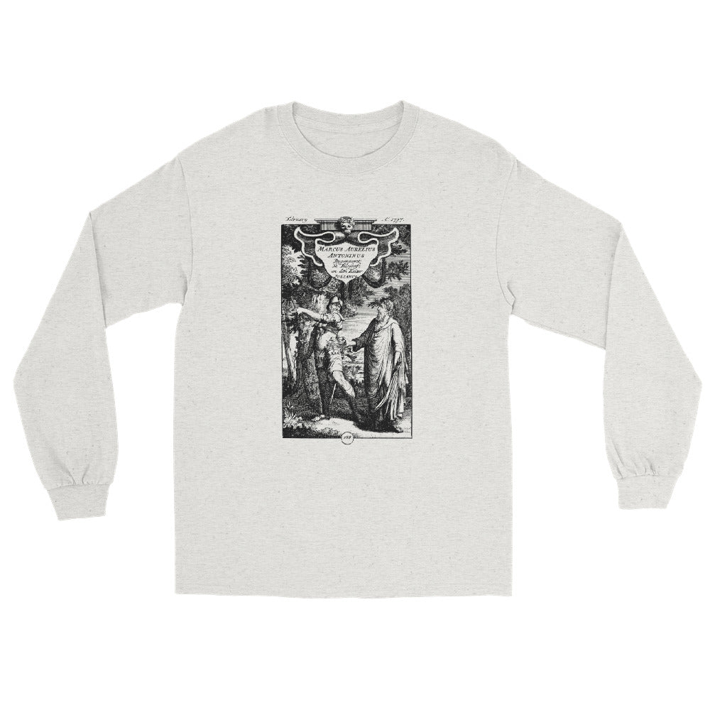 Ash long sleeve t-shirt showing a historic engraving featuring Marcus Aurelius and Julian the Apostate