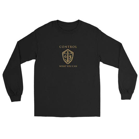Black Control What You Can Stoic philosophy long sleeve  t-shirt featuring a minimalist shield emblem with structured serif typography in a clean symmetrical design.