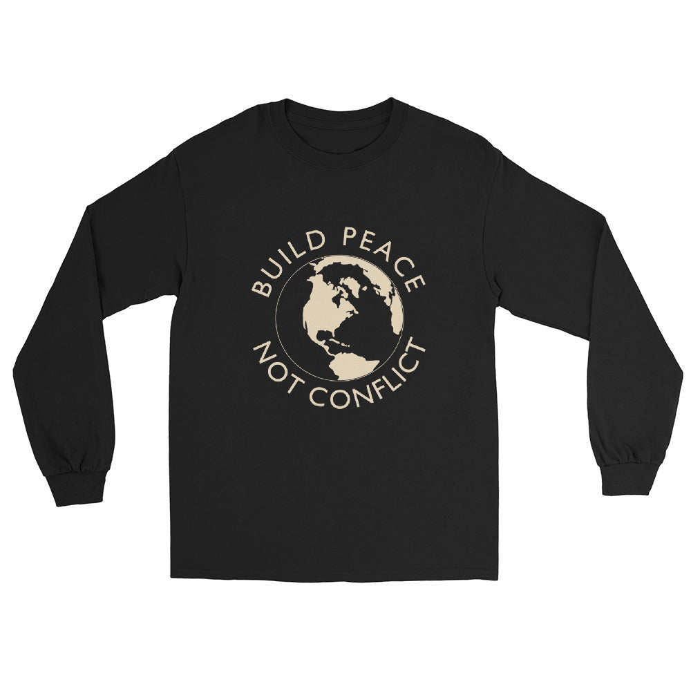 Black long sleeve t-shirt with Earth graphic and the words “Build Peace Not Conflict” in a circular design, inspired by Kant’s Perpetual Peace philosophy