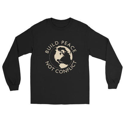 Black long sleeve t-shirt with Earth graphic and the words “Build Peace Not Conflict” in a circular design, inspired by Kant’s Perpetual Peace philosophy