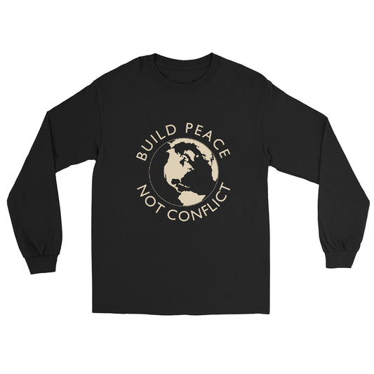 Black long sleeve t-shirt with Earth graphic and the words “Build Peace Not Conflict” in a circular design, inspired by Kant’s Perpetual Peace philosophy