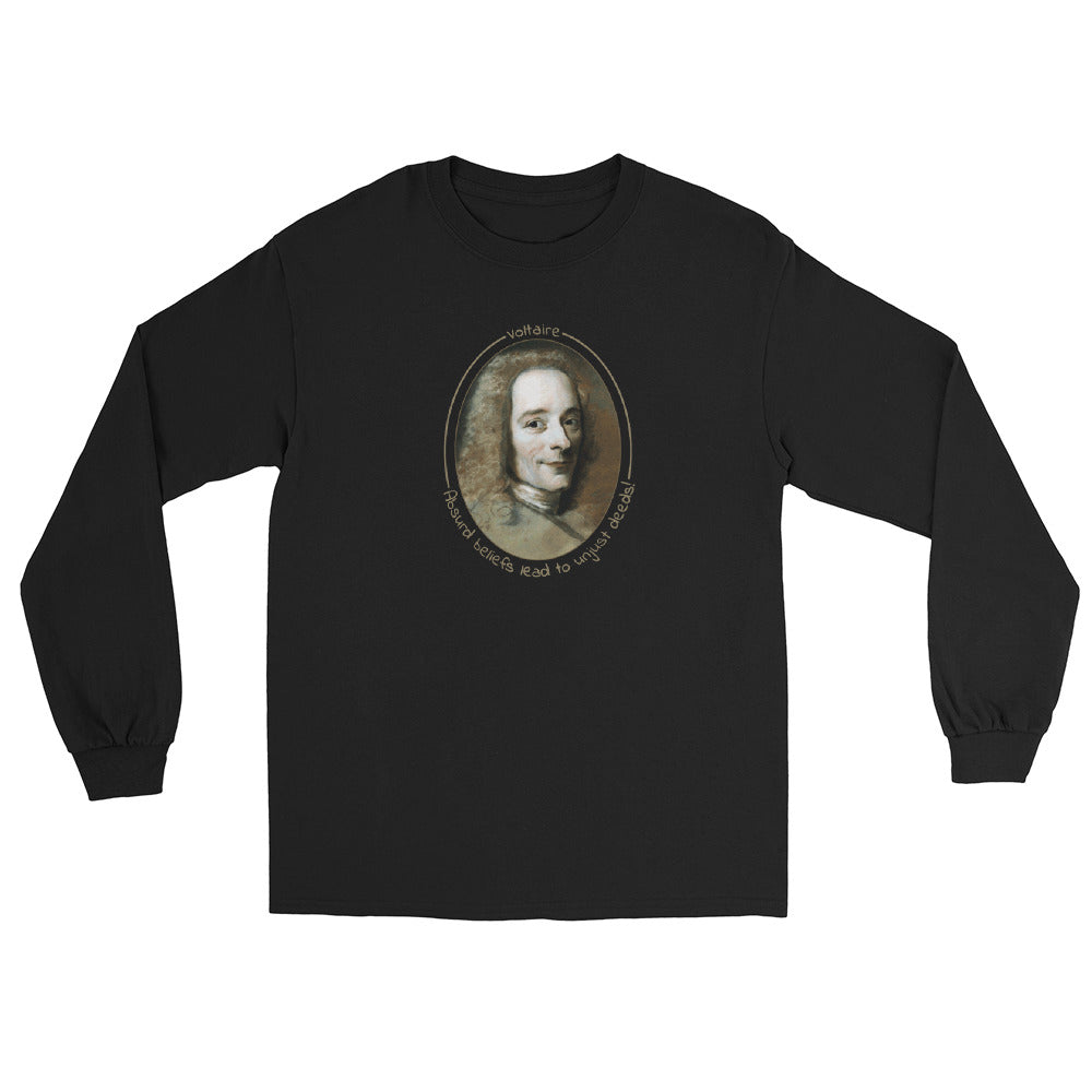 A black long-sleeve t-shirt with a portrait of Voltaire in a circular frame on the front. Text 'Absurd beliefs lead to unjust deeds' in gold ink