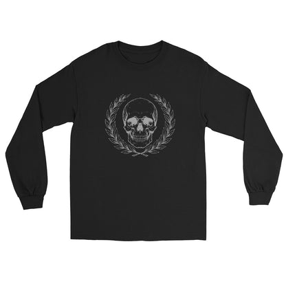 Black long sleeve t-shirt with engraved Roman-style skull with laurel wreath in minimalist stoic philosophy design