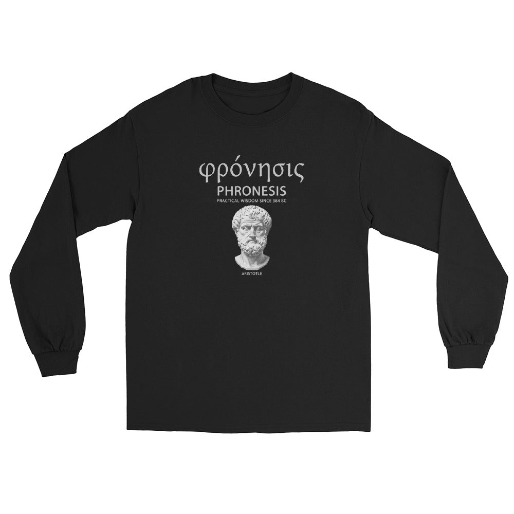 Black Phronesis long sleeve T-shirt with an Aristotle portrait, Greek lettering, and “Practical Wisdom Since 384 BC” text, front view.