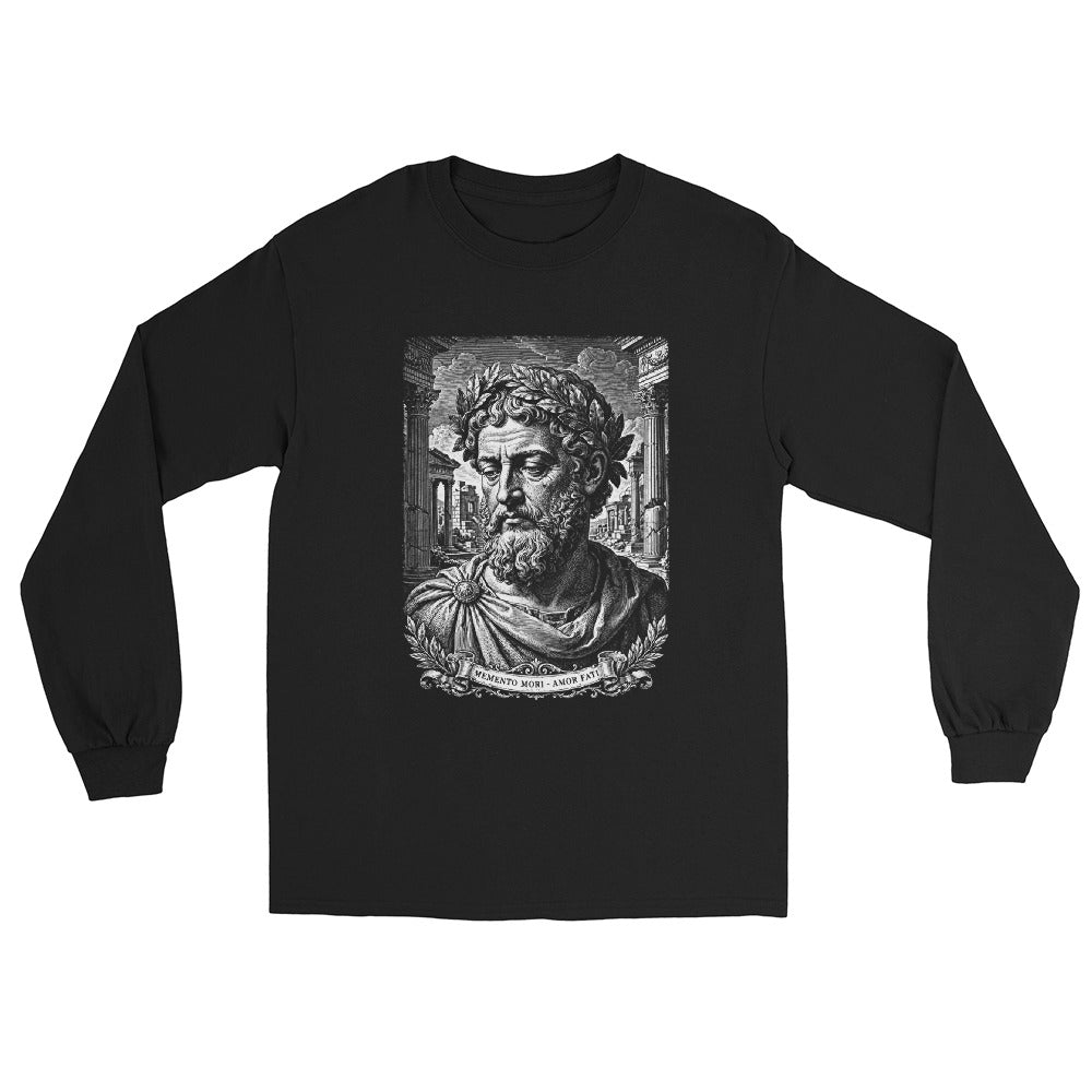 Black Memento Mori Amor Fati long sleeve shirt with Marcus Aurelius-inspired engraving