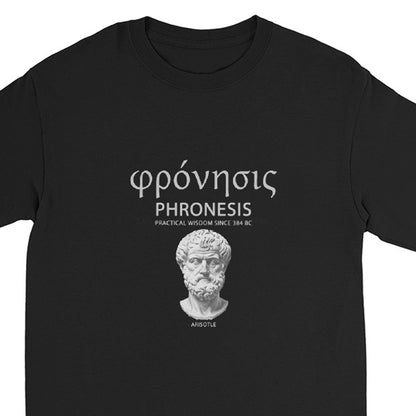 A black long-sleeve crewneck t-shirt featuring a silver graphic print of Aristotle's bust and the Greek word 'Φιου' (Phronesis) with the subtitle 'Practical Wisdom Since 350 BC'.