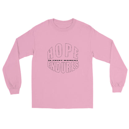 Light Pink long sleeve T-shirt with the words “Hope Endures – In Every Moment” in elegant white typography, inspirational quote design for everyday wear