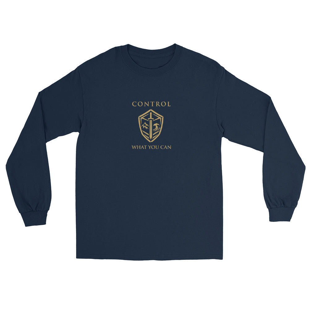 Navy Control What You Can Stoic philosophy long sleeve  t-shirt featuring a minimalist shield emblem with structured serif typography in a clean symmetrical design.