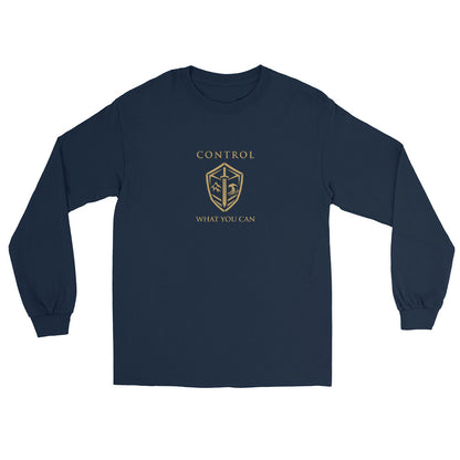 Navy Control What You Can Stoic philosophy long sleeve  t-shirt featuring a minimalist shield emblem with structured serif typography in a clean symmetrical design.