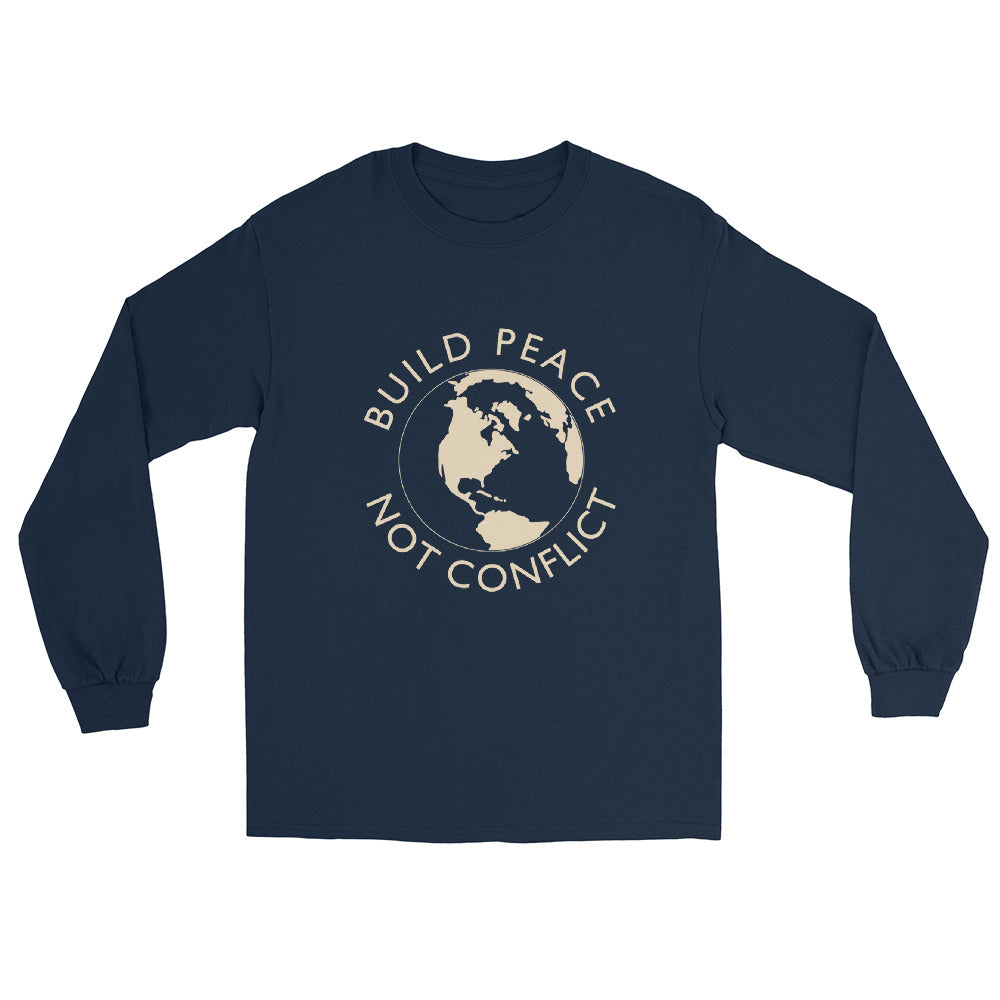 Navy long sleeve t-shirt with Earth graphic and the words “Build Peace Not Conflict” in a circular design, inspired by Kant’s Perpetual Peace philosophy