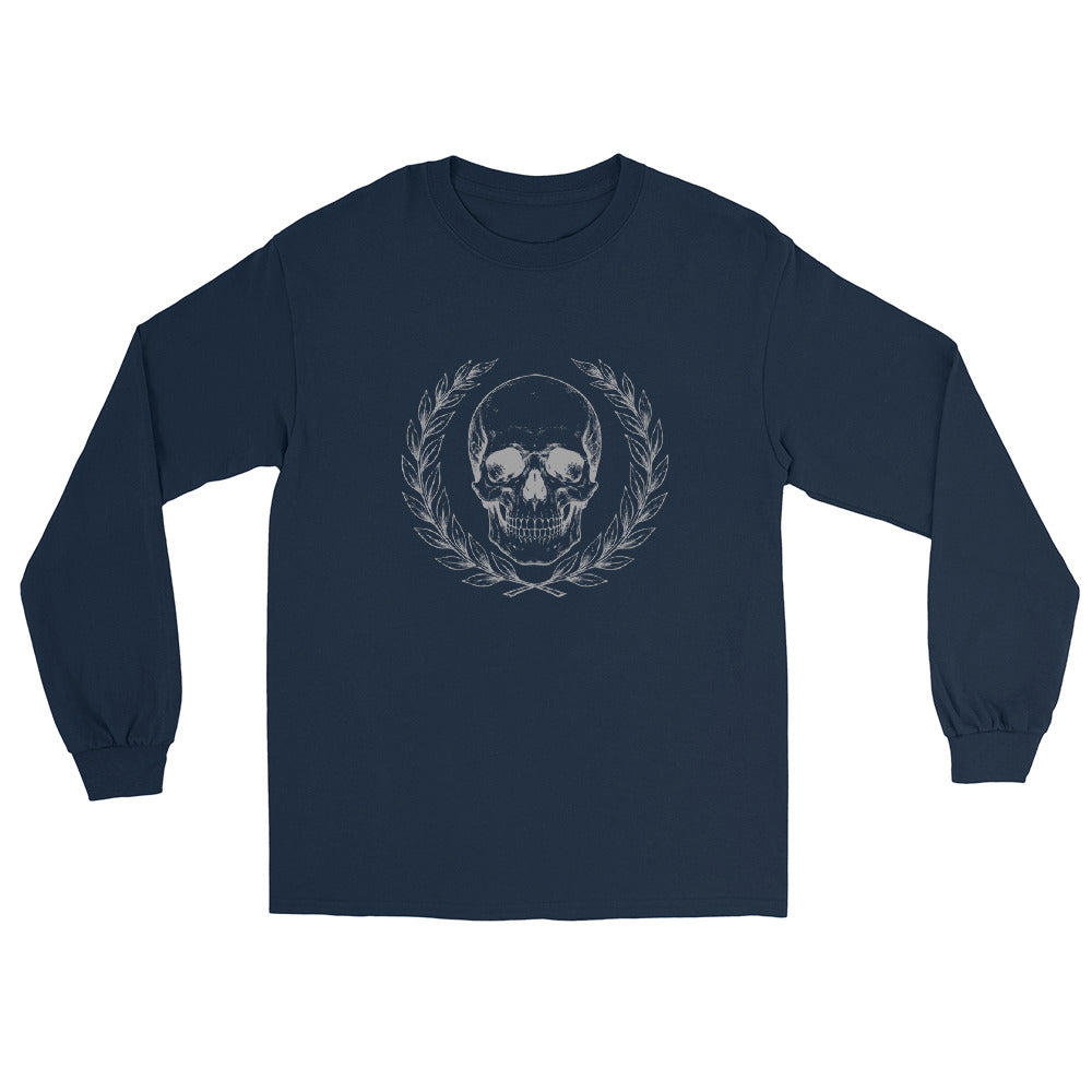 Navy long sleeve t-shirt with engraved Roman-style skull with laurel wreath in minimalist stoic philosophy design