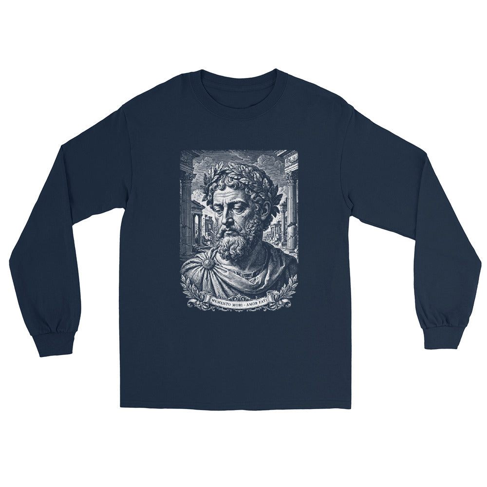 Navy Memento Mori Amor Fati long sleeve shirt with Marcus Aurelius-inspired engraving.